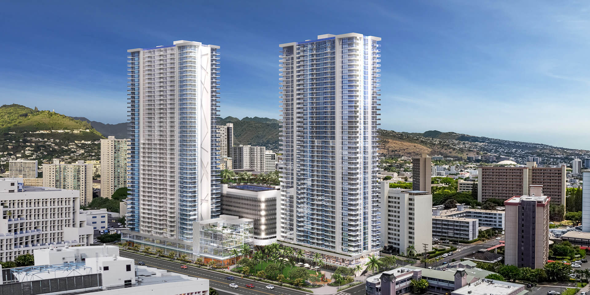 The Park on Keeaumoku: A stunning luxury condo building in Honolulu, Hawaii with modern architecture and upscale amenities.