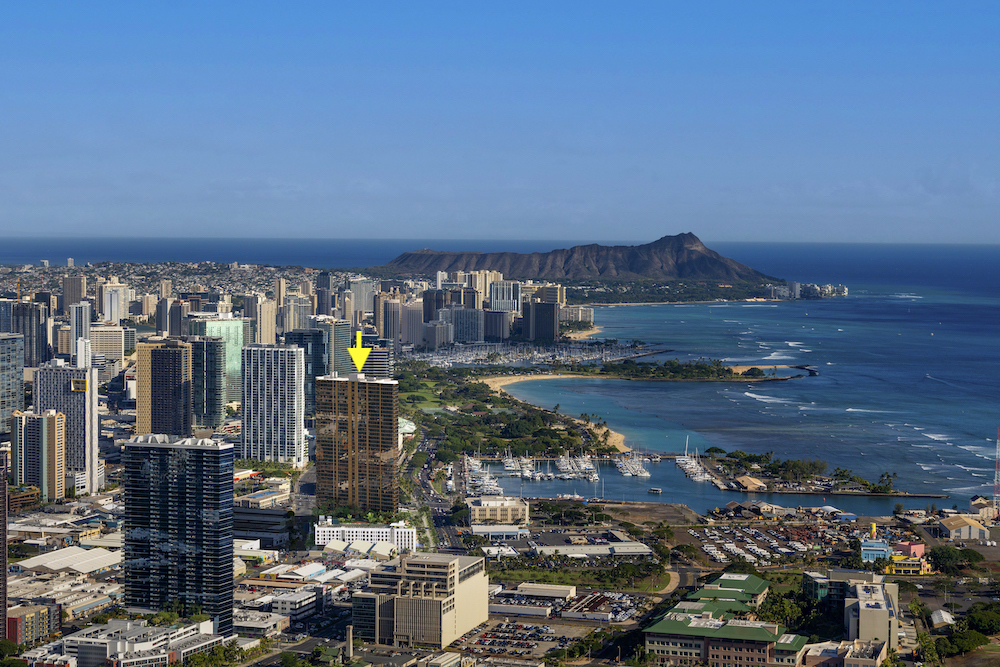 Artist rendition of approximate location of the sleek and modern Alia Condo tower, situated in the heart of Honolulu with stunning views of the city and ocean.