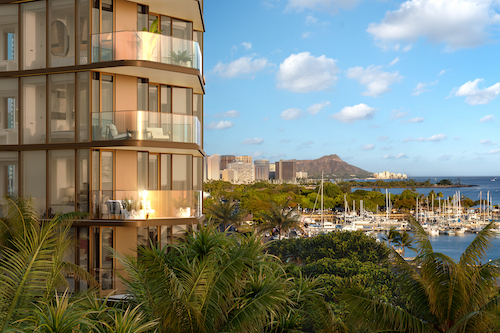 Diamond Head view of the sleek and modern Alia Condo tower, situated in the heart of Honolulu with stunning views of the city and ocean.