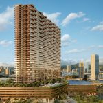 Aerial view of the sleek and modern Alia Condo tower, situated in the heart of Honolulu with stunning views of the city and ocean.