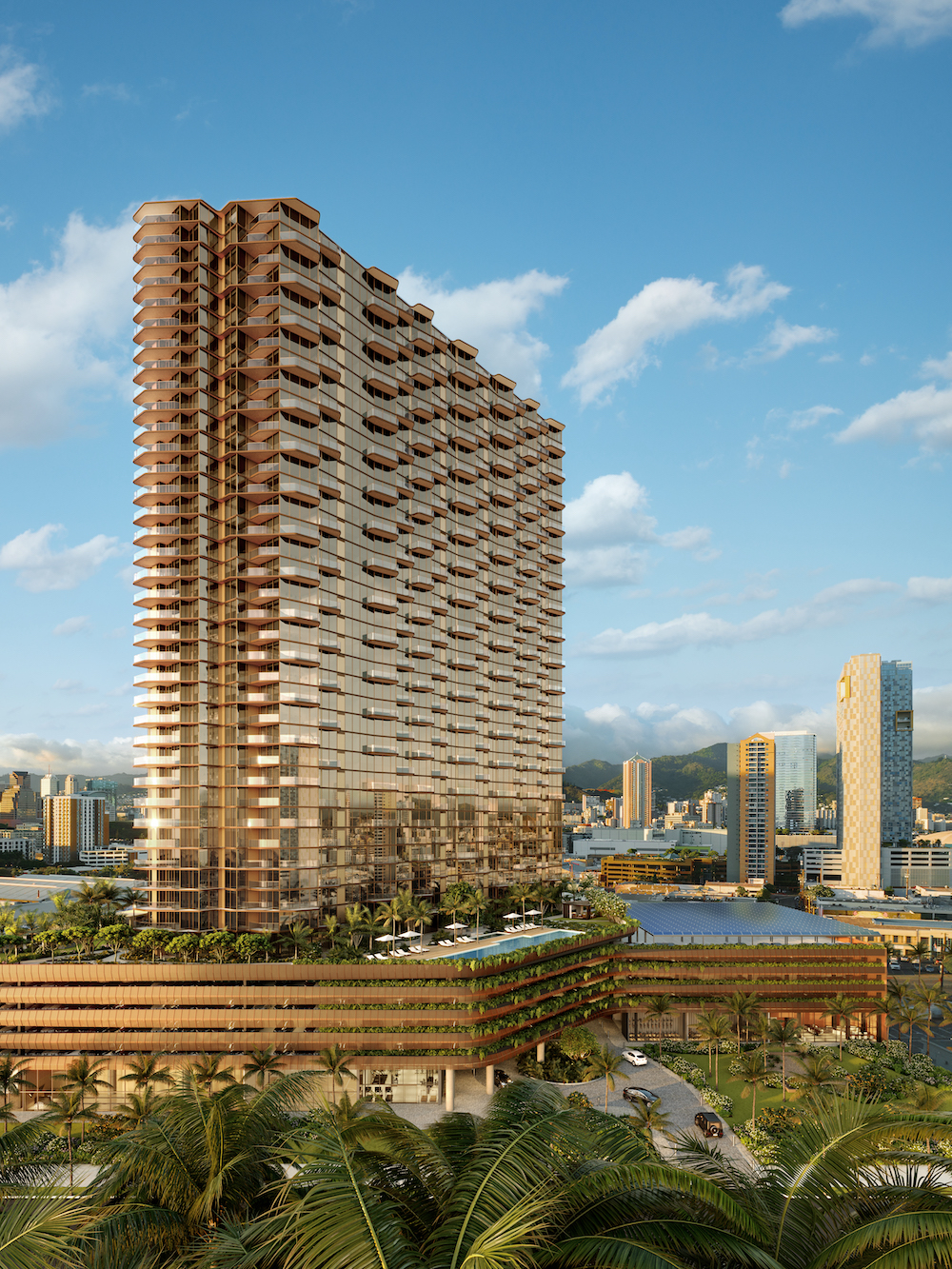 Aerial view of the sleek and modern Alia Condo tower, situated in the heart of Honolulu with stunning views of the city and ocean.