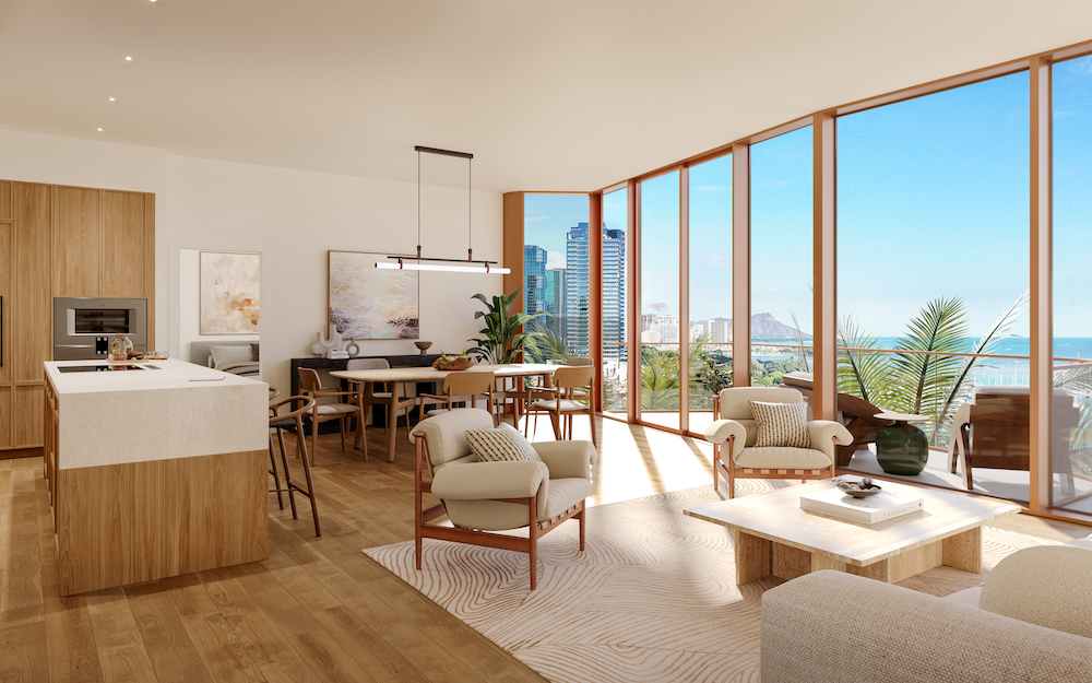 Luxurious living room with Diamond Head view at Alia Condo in Honolulu