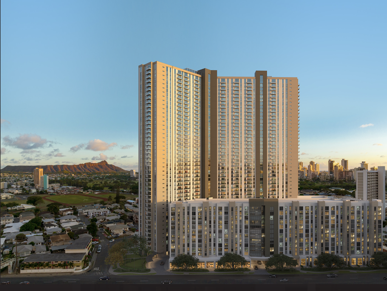 A photo of Kuilei Place Building, a modern building with glass windows and landscaped garden in front, shown by Earl Solidum, realtor in Honolulu.